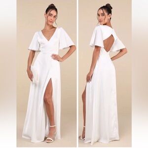 Lulus Elegant Confidence White Satin Flutter Sleeve Cutout Maxi Dress Size Small